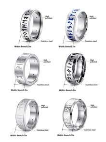 6pcs 8mm Silvery Vintage Viking Rune Stainless Steel Men's Rings, Unisex Jewelry Accessories, Special Couple Rings, Jewelry Suitable For Daily Parties - Silver - View 6