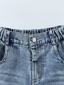 Celana Jeans Denim Lebar Model Lurus dengan Hiasan Pita 3D di Samping, Pinggang Elastis, dan Efek Sobek-sobek - Light Wash - View 4