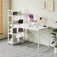 Schreibtisch mit 4-Tier Seitlichem Regal, 120 cm Breiter Computertisch mit Ablage, Stabil Bürotisch mit Metallgestell, Einfache Montage für Home Office - Weiß/120 x 56 x 120 cm - Übersicht 8