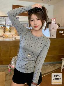 Women's Round Neck Polka Dot Casual Versatile Daily Commute Long Sleeve T-Shirt Vacation - Gray and Black Polka Dots - View 4