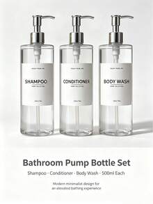 3pcs/Set 500ml Bathroom Spray Bottles, Empty Bottles, Can Fill Shampoo, Body Wash, Conditioner, Home Bathroom Decor, Autumn Decor, Back To School Decor - Transparent - View 3