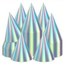 Set Of 24 Colorful For Party Hats Featuring A Rainbow Laser Design, Perfect For Birthday Celebrations And Gatherings With Friends. These Cone-Shaped Hats Come With An Elastic String And Are Ideal For Party Decor - View 1