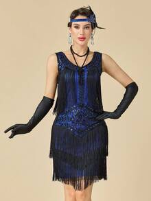 1920年代無袖 Flapper 舞女裙 大領口《大亨小傳》風格 亮片流蘇 咆哮20年代雞尾酒洋裝 - 藍色 - 查看 2