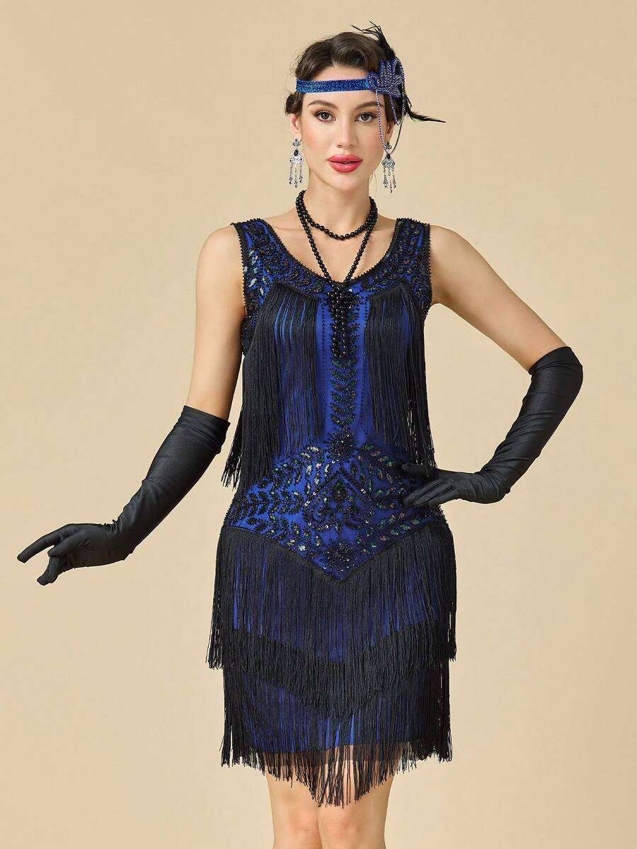 1920年代無袖 Flapper 舞女裙 大領口《大亨小傳》風格 亮片流蘇 咆哮20年代雞尾酒洋裝
