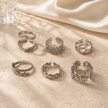 6pcs/Set Women's Silver Adjustable Open Rings, Daisy Flower, Snake, Heart, Twisted Chain, V-Shape Beaded Edge And Round Bead Braided Stackable Ring Set, French Vintage Versatile Hand Jewelry, Suitable For Daily Wear, Party And Gift - 6-piece Ring Set - View 3