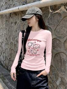 Pink Short Crew Neck Regular Shoulder Long Sleeve T-Shirt For Women, Minimalist Cat & Letter Print, Early Autumn Base Layer Slim Fit Versatile Top - Pink - View 3