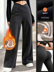 1pc Women's Cross Waist Winter Wide Leg Pants, Double-Sided Thermal Lined Casual Sports Straight Leg Pants, Halloween Winter Warm Pants, Women's Black Commute Business Casual Dress Pants, Solid Color Loose Fit Straight Leg Wide Leg Pants, Loose Casual Sports Pants, Christmas Versatile Long Pants, Women's Jogging Pants, Women's Winter Long Pants, Women's Warm Straight Leg Pants - Black - View 1