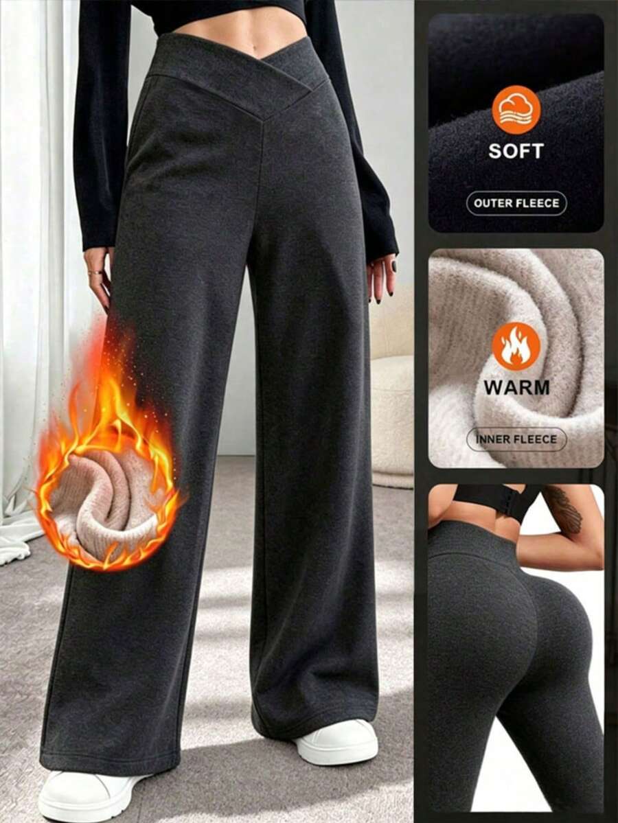1pc Women's Cross Waist Winter Wide Leg Pants, Double-Sided Thermal Lined Casual Sports Straight Leg Pants, Halloween Winter Warm Pants, Women's Black Commute Business Casual Dress Pants, Solid Color Loose Fit Straight Leg Wide Leg Pants, Loose Casual Sports Pants, Christmas Versatile Long Pants, Women's Jogging Pants, Women's Winter Long Pants, Women's Warm Straight Leg Pants - Black - View 1