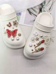 16PCS Bling Rhinestone Red Butterfly Rose Clog Shoe Charms Accessories Faux Pearl Bow Flower Shoe Buckles DIY Decorations Retro Beads Shoe Clips Decor - Multicolor - View 9