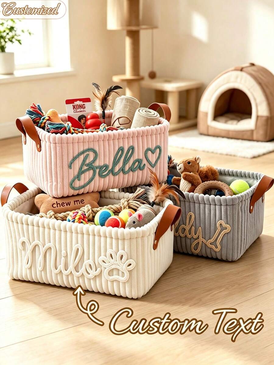 Customizable Storage Basket Personalized Dog Toy Bin Corduroy Pet Storage Basket With Name Customization Portable Handle Desktop Storage Clothing Storage Home Decor Perfect Gift Laundry Basket