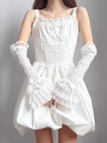 1 Pair Girls Lace Trim Patchwork Arm Sleeves, Ballet Style White & Black Sleeve Covers, Sweet Cute Lolita Bowknot Arm Warmers - Multicolor - View 15