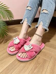 Women's Fleece Slippers - Cute Cartoon Cat Cross-Band Open-Toe Style, Plush Soft And Comfortable For All Seasons Indoor Home Slippers - Style B-rose Red - View 2