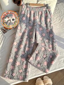 Autumn/Winter Girls' Fashion Warm Star Pattern Double-Sided Velvet Pants, Suitable For Home Leisure Wear, Girls' Pajama Pants - Grey - View 5