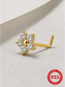 lunastudio 1pc 925 Sterling Silver Flower Rhinestone Nose Stud For Women Daily Wear - Gold - View 5