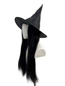 Black Long Straight Synthetic Wig With Attached Witch Hat, Classic Wizard Hairstyle For Halloween Cosplay Party Fancy Dress - Black - View 6