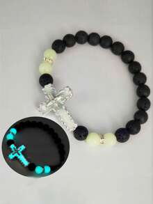 1 Volcanic Stone Luminous Bracelet, Multi Colored Luminous Cross Bead Jewelry, Graduation Season Back To School Season Birthday Gift - Multicolor - View 11