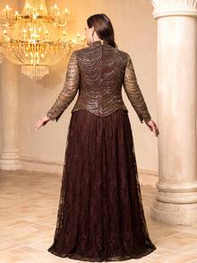 UNITHORSE[Random Cut]Plus Size Women Elegant Stand Collar Straight Long Sleeve Cuff Split Beaded Embroidery Contrast Lace Formal Evening Dress - Coffee Brown - View 4