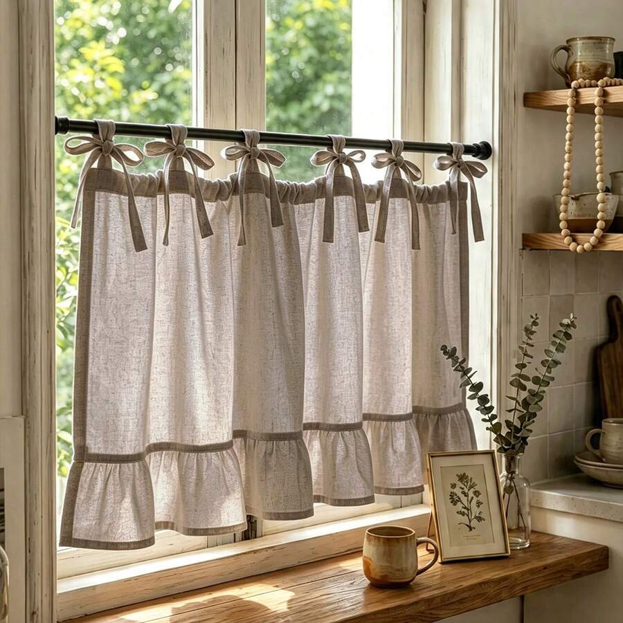 1PC New Beige Linen Gauze Designer Style Oven Curtain Window Valance Pull-Up Curtain Small Window Curtain Kitchen Multi-Purpose Translucent Decorative Curtain Rod Pocket Design Decorative Small Window Curtain Kitchen Coffee Curtain Fresh Style Finished Rod Pocket Small Window Curtain Short Curtain - Light Grey - View 1