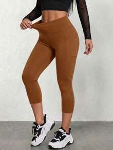 Women's High Waist Side Pocket 7/8 Yoga Pants, High Elasticity Tight Fitting Fitness Shark Leggings, Tummy Control Butt Lift Slimming Sports Leggings, Can Hold Phone Casual 7/8 Leggings, Breathable Non-Sweaty Non-See-Through, Solid Color Minimalist Outerwear Cycling Pants, Pilates Running Training Tight Pants, Spring Summer Versatile Slimming Shaping Sports Long Pants, Comfortable Unrestricted Daily Casual Fitness Outfit Elastic Pants - Brown - View 4