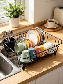 Black Tableware Drying Rack, Metal Countertop Dish Drainer, Large‑Capacity Tabletop Dish Organizer With Utensil Holder, Rust‑Resistant Metal Frame, Stable Non‑Slip Feet Design, Modern Kitchen Dish Storage Rack For Plates And Bowls - Black - View 7