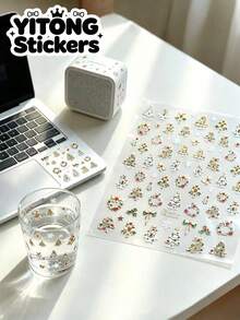 1/2pcs Mini Leaf & Flower Wreath Printed Decorative Stickers + Tweezers Set, Multiple Options Green & Gold Color Small Tree Bow Snowflake Pattern Waterproof Self-Adhesive Decor, Universal For Glass Cups Laptop White Speakers, Portable Items Luxury Atmosphere Beautifying Stickers - Christmas Fairy Tale Stickers - View 1