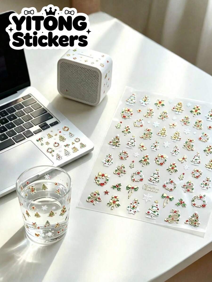 1/2pcs Mini Leaf & Flower Wreath Printed Decorative Stickers + Tweezers Set, Multiple Options Green & Gold Color Small Tree Bow Snowflake Pattern Waterproof Self-Adhesive Decor, Universal For Glass Cups Laptop White Speakers, Portable Items Luxury Atmosphere Beautifying Stickers - Christmas Fairy Tale Stickers - View 1