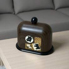 Cute Cat Pattern Faux Wood Grain Toothpick Holder, Dust-Proof Desktop Cotton Swab & Dental Floss Storage Box, Home Dining Table Kitchen Decor Ornament - View 5