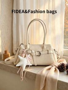 Women's Shoulder Underarm Bag, Solid Color PU Material With Leopard Print Element Design, Metal Shoulder Strap Decoration, Versatile Fashion, Comes With Personalized Star Pendant, Suitable For Travel, Shopping, Dating, Gift-Giving And Other Occasions - Beige - View 7