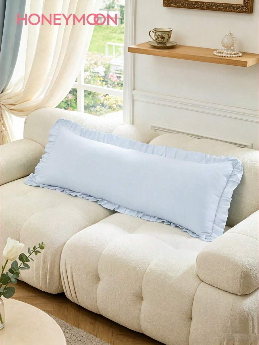 HONEYMOON 1pc Solid Color Ruffle Edge Long Pillowcase, 100% Polyester Pre-Washed Fabric, Romantic French Style Pillowcase, Soft And Breathable, Wrinkle-Resistant, No Filling, Suitable For Home, Dorm, Sofa, Blue - Blue - View 1