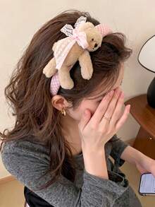 1pc Women's Sweet Plush Teddy Bear Headband, Pink Plaid Lace Bow Decor Cute Daily Hair Accessory - Multicolor - View 4