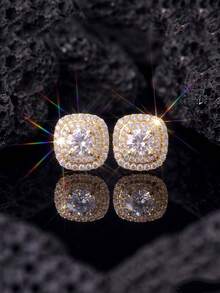 1 par de pendientes de botón cuadrados de doble capa con circonita de cobre totalmente pavimentados, estilo de lujo hip-hop unisex, adecuados para el uso diario, fiestas y regalos de vacaciones, perfectos para el Día de San Valentín y regalos de cumpleaños - A - Ver 4