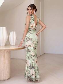 Colysmo Elegant Green Floral Print Backless Fishtail Dress For Women, Suitable For Formal Weddings,Bridesmaids, Evening Parties, And Cocktail Parties. - Green - View 5