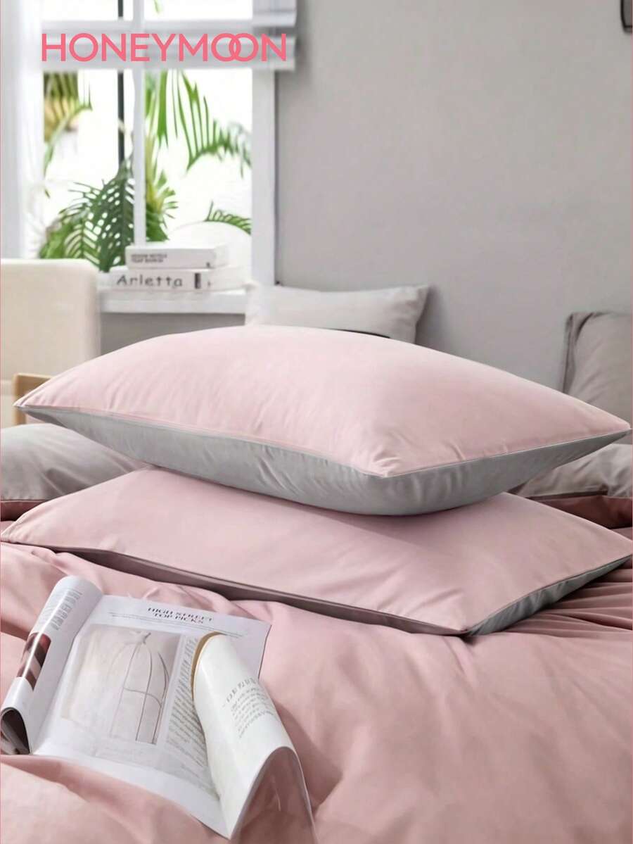 Soft Skin-Friendly Double-Sided Contrast Color Pillowcase - Envelope Closure, Woven Polyester Fabric, Machine Washable - 1pc Decorative Pillowcase, Suitable For Bedroom, Living Room Sofa (Pillow Insert Not Included) - Baby Pink - View 1
