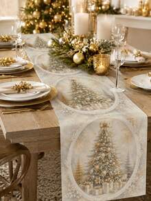 Christmas Table Runner, Throw Pillow, Placemat, Vintage Oval Frame Gold Christmas Tree Gift Box Snow Scene Print, Kitchen Dining Room Holiday Tabletop Decor - Multicolor - View 2
