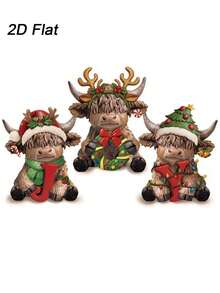 3 Pcs Christmas Highland Cow Figurines, Joy Xmas Cow Decor Wood | Scottish Calf Statues With Santa Hats, Candy Canes, Festive Home Kitchen Office Tiered Tray Table Decorations - View 5