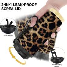 1 pieza/5 piezas Taza de café de viaje con estampado de leopardo de 500ml, vaso térmico de acero inoxidable de 500ml con cordón COFFEE, taza térmica portátil reutilizable a prueba de fugas, taza de bebida de moda para uso diario, actividades al aire libre y regalo de vacaciones - Multicolor-Estampado de leopardo - Ver 7