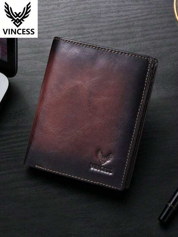 VINCESS Genuine Leather Men's Wallet, Casual Fashion Cowhide Leather Wallet, RFID Blocking Function, Men's Vintage Fashion Wallet, Large Capacity Multi-Card Slot Credit Card Holder, Zipper Coin Pocket, Visible Window ID Card Holder, Daily Use, Gift For Men On Holidays