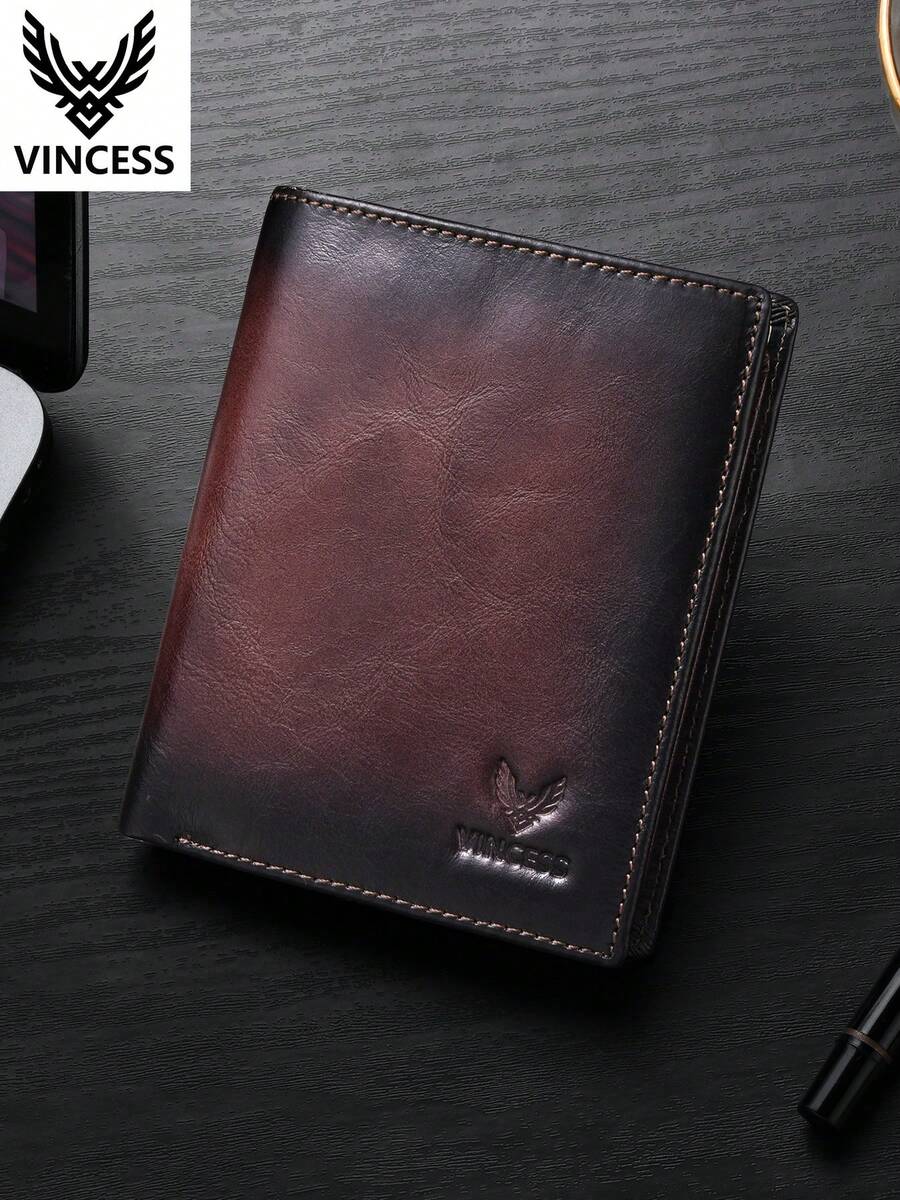 VINCESS Men's Wallet, Cowhide Leather, RFID Blocking, Men's Vintage Fashion, Large Capacity Multi-Card Slot, Zipper Coin Pocket, Travel Essential - Coffee Brown - View 1