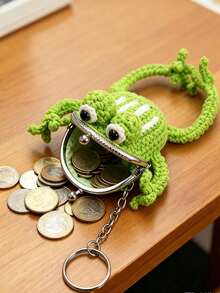 Crochet Frog Coin Purse With Keychain, Handmade Plush Frog Wallet, Travel Storage Bag, "Big Mouth Frog" Drawstring Coin Pouch/Travel Storage Bag - Multicolor - View 1