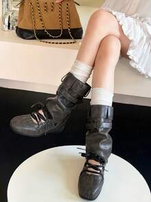 2025 New Kitten Heel Ruched Knee-High Stacked Boots Pointed Toe Over-The-Knee High Shaft Boots Vintage Wide Barrel Knight Boots - Grey - View 5