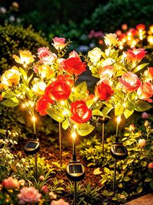1pc 5-Head Solar Rose Lights, Outdoor Garden Decoration, Ground Stake Lawn Lights, LED Artificial Flower Lights, Solar Decorative Lights, Suitable For Yard, Patio, Landscape, Pathway, Lawn, Sidewalk (Pink, White, Blue, Yellow, Red, Purple) Holiday Party Decoration Lights - X7-5-head Rose - View 1