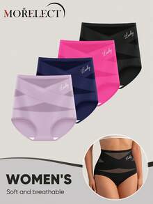 Morelect 4pcs/Pack Women's High Waist Panties, Triangle Shape, Shaping, Tummy Control, Cross Strap Design - Multicolor - View 5