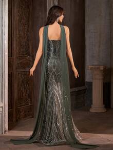 Luxury Sequin Mermaid Evening Gown, With Pearl Decor Fringed Cape Shawl, High Neck Sheer Sparkly Formal Maxi Dress, Suitable For Wedding Guests And Formal Parties - Olive Green - View 3