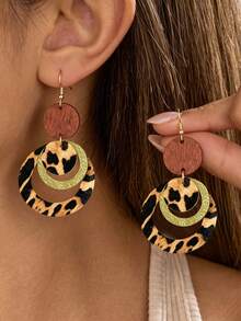 2pcs Women's Earrings Pendant Gold PU Leather Material Leopard Print Design Vintage Earrings Suitable For Daily Wear, Gatherings And Parties - Multicolor - View 1