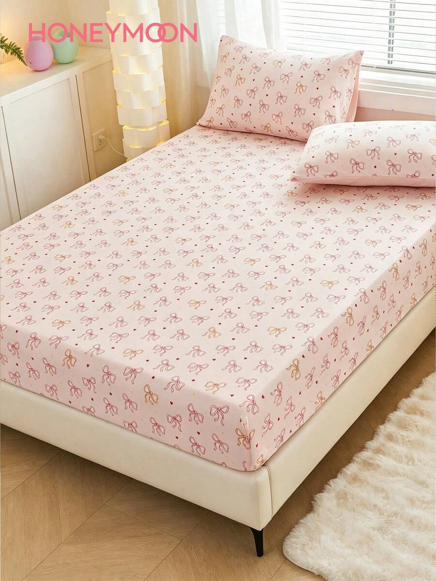 1pc Bow Print Fitted Sheet, Easily Fits 9" To 12" Thick Mattresses, Soft, Wrinkle-Resistant, Breathable And Comfortable, Suitable For All Bed Sizes - Twin, Full, Queen, King. Essential Bedding For Home And Student Dorms. - Multicolor - View 1