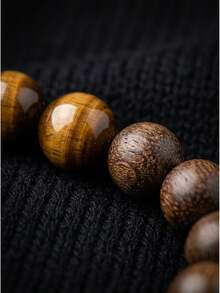 2pcs/Set Vintage Round Bead Bracelet Set, Wooden Texture And Tiger Eye Stone-Like Beads Elastic Wristband, Suitable For Men's Daily Wear - 2 Bracelets - View 2