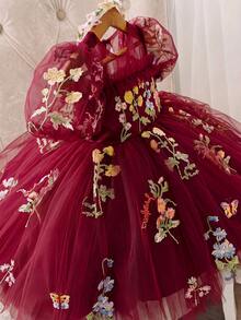 女嬰刺繡花瓣袖鏤空背網紗公主裙，適合女孩生日派對、花童婚禮、重要場合、節日慶祝禮服 - 酒紅色 - 查看 4
