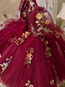 女嬰刺繡花瓣袖鏤空背網紗公主裙，適合女孩生日派對、花童婚禮、重要場合、節日慶祝禮服 - 酒紅色 - 查看 6