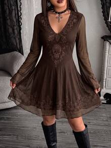 2027.Women's Gothic Elegant Black Halloween Witch Long-Sleeve Mini Dress With Mesh Print - Brown - View 6