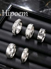 5pcs Fashion Stainless Steel Men's Silver Ring Set With Coin, Spider, Star, Moon Rotating Elements, Suitable For Men's Daily Wear And Halloween Accessories - Silver - View 6